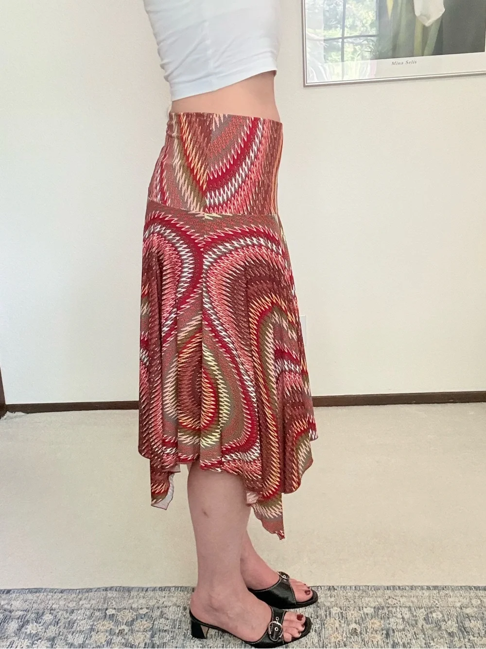 Y2K Low Rise Drop Waist Asymmetrical Hem Patterned Midi Skirt Fairy Boho